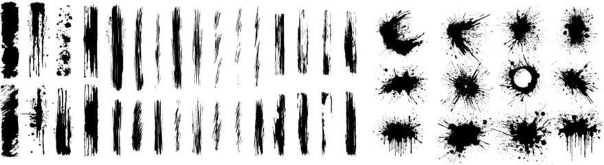 Poster - Set of splashes, blots. Black inked splatter dirt stain splattered spray splash with drops blots isolated. Inky blots in urban street style, blobs or stripes. Isolated vector illustration
