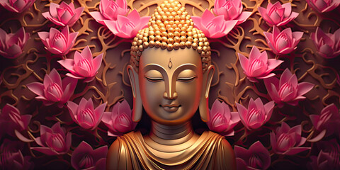 Wall Mural - glowing 3d golden buddha face and abstract glowing colorful lotuses flowers