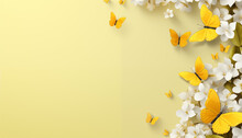 Yellow Butterflies And White Flowers On A Pastel Yellow Background