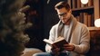 A man with glasses guy reads a book in a cozy romantic atmosphere of a library or at home alone, digital detox