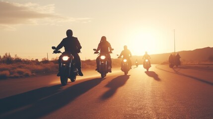 Brotherhood of motorcyclists on the open road at sunset