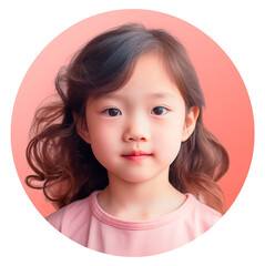 Wall Mural - Asian modern little girl with long curls. Portrait of a child in a pink circle for user pic and profile picture. Isolated on a transparent background.