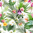 © lavendertime - Exotic tropical flowers, orchid, strelitzia, hibiscus, canna, calla lily, palm, monstera leaves vector seamless pattern.