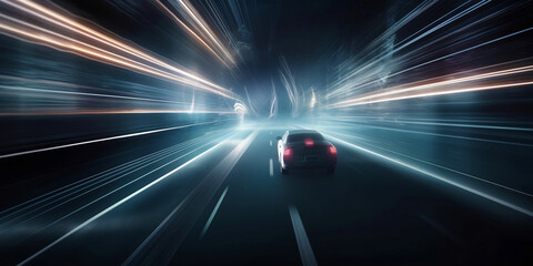 Futuristic Sports Car On Neon Highway. Powerful acceleration of a supercar on a night track with colorful lights and trails. High speed business and technology concept