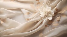 Soft Beige Silk Creating A Neutral Canvas Embellished With Minimalist White Floral Designs. 