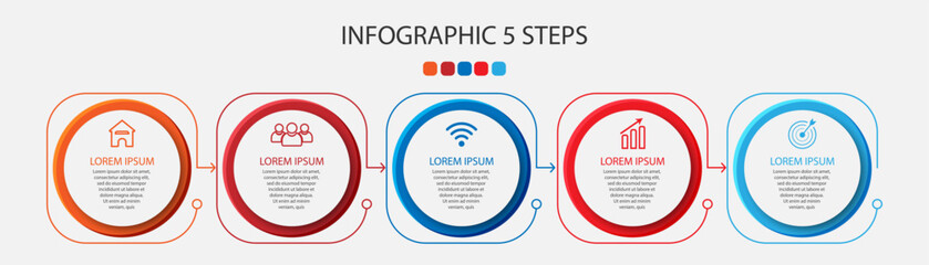 Aufkleber - Basic RGBDesain Infografis Bisnis sederhana, vektor
templat dengan garis warna warni, ikon, angka dan
5 pilihan atau langkah. Dapat digunakan untuk proses diagram,
presentasi, tata letak alur kerja, s