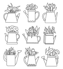 Spring beautiful flowers with leaves in watering can. Coloring Page. Garden springtime. Hand drawn style. Vector drawing. Collection of design elements.