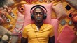 Stunned dark skinned Afro American man in yellow t shirt and shorts lies on pink towel surrounded by sea accessories listens music headphones. Holiday, recreation, relax, Summer vibes.