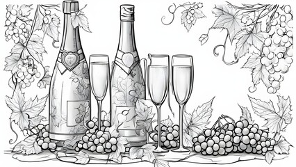 wine bottle and glass  black and white, coloring book page,    A champagne bottle with a glass  