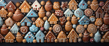 Gingerbread Cookies And Gingerbread In The Form Of Houses On A Black Background.