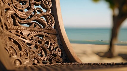 Wall Mural - Closeup of a wooden beach chair, intricately crafted with intricate carvings and designs, adding a touch of elegance to the natural surroundings.