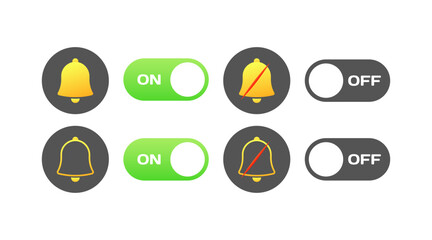 Canvas Print - On/Off notification buttons. Flat, gold, bell icons, on/off notification slider. Vector icons