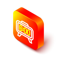 Poster - Isometric line Digital alarm clock icon isolated on white background. Electronic watch alarm clock. Time icon. Orange square button. Vector