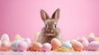 Cute rabbit and colorful Easter eggs on a pink background. Generative AI
