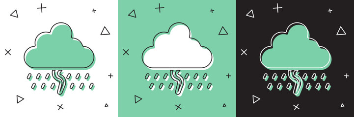Poster - Set Cloud with rain and lightning icon isolated on white and green, black background. Rain cloud precipitation with rain drops.Weather icon of storm. Vector