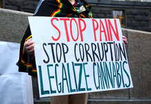 Young People Hands Holding Broadsheet Demanding Legalization Of Medical Marijuana. Cannabis March.