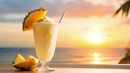 Wall Mural - a creamy white mocktail reminiscent of a pina colada, with a delicate swirl of caramel drizzled on t