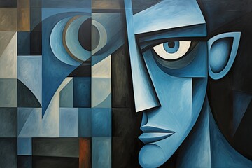 Poster - Digital Illustration of a Face Surrounded by Geometric Abstracts, Somber man in cubism and futurism painting style, Cubism art, AI Generated