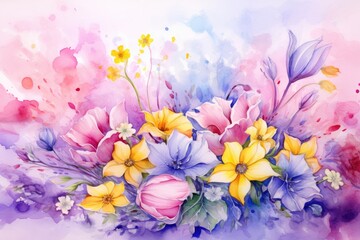 Poster - Watercolor floral background with tulips and crocus. Hand drawn illustration, Spring floral in watercolor background, AI Generated