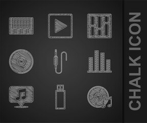 Poster - Set Audio jack, USB flash drive, Vinyl disk, Music equalizer, Musical note speech bubble, Sound mixer controller and synthesizer icon. Vector