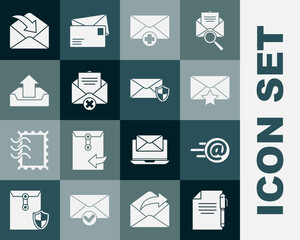 Poster - Set Document and pen, Mail e-mail, Envelope with star, Received message concept, Delete envelope, Upload inbox, and shield icon. Vector