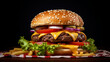 A tasty cheeseburger with lettuce, onions and tomato on a plain background