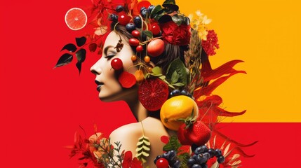 Wall Mural -  a woman's face is surrounded by fruit and flowers on a red, yellow, and orange colored background.