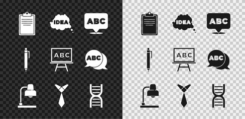 Poster - Set Clipboard with checklist, Idea, speech bubble, Alphabet, Table lamp, Tie, DNA symbol, Pen and Chalkboard icon. Vector