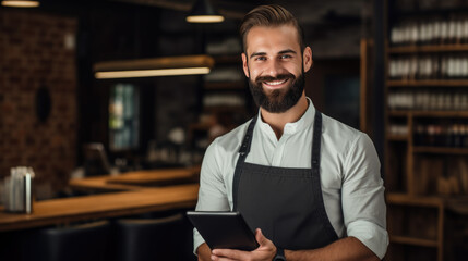 Cheerful tattooed male barber with a beard and a fashionable hairstyle holding tablet against barbershop in the background