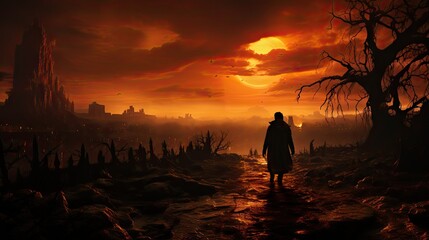 Wall Mural -  a person standing on a path in the middle of a field with a red sky in the background and the sun in the distance.