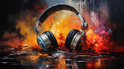 Wall Mural - casque audio au milieu de fumée multi couleurs