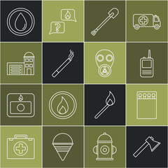 Wall Mural - Set line Firefighter axe, Open matchbox and matches, Walkie talkie, shovel, Cigarette, Building of fire station, Water drop and Gas mask icon. Vector