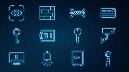 Poster - Set line Watch tower, Security camera, Barbed wire, Safe, Old key, Eye scan, Key and Bricks icon. Vector