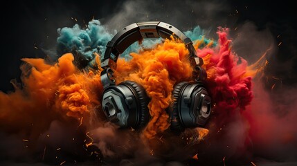 Wall Mural - casque audio au milieu de fumée multi couleurs