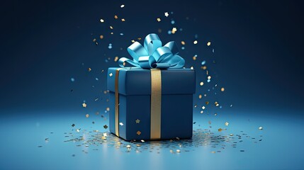  a blue gift box with a blue ribbon and a blue bow with gold confetti on a blue background.