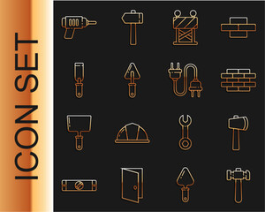 Poster - Set line Hammer, Wooden axe, Bricks, Road barrier, Trowel, Rasp metal file, Electric drill machine and plug icon. Vector