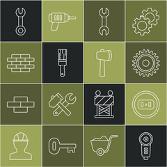 Poster - Set line Angle grinder, Electrical outlet, Circular saw blade, Wrench spanner, Paint brush, Bricks, and Wooden axe icon. Vector