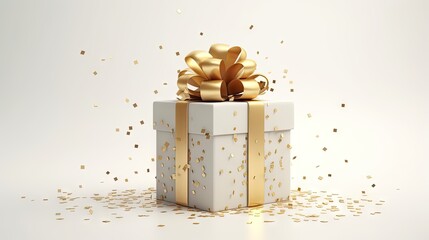 Wall Mural -  a white gift box with a gold bow and confetti sprinkles around it on a white background.