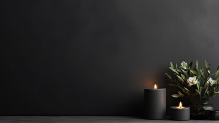 Wall Mural -  a couple of candles sitting on top of a table next to a vase filled with flowers and a potted plant.