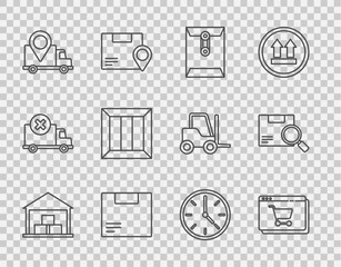 Set line Warehouse, Online shopping on screen, Envelope, Carton cardboard box, Delivery tracking, Wooden, Clock and Search package icon. Vector