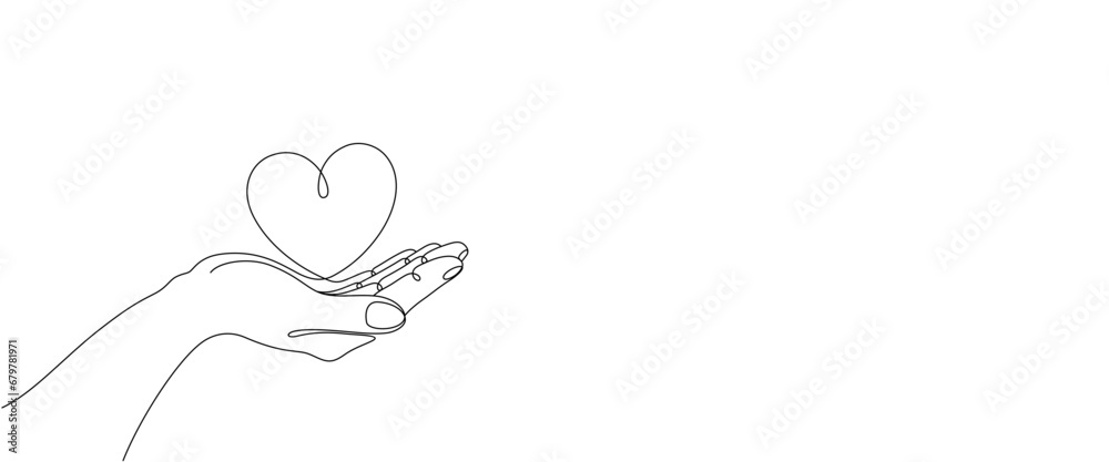 Hand holding heart sign. Continuous one line art drawing style ...