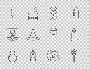 Wall Mural - Set line Bomb ready to explode, Neptune Trident, Owl, Camping lantern, Knife, Witch hat, Moon and stars and Burning candle icon. Vector