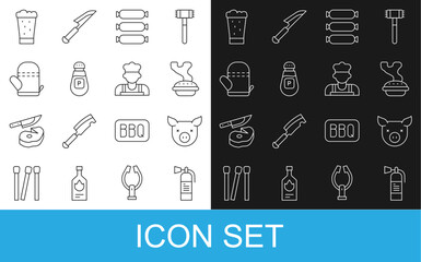 Wall Mural - Set line Fire extinguisher, Pig, Homemade pie, Sausage, Pepper, Oven glove, Glass of beer and Cook icon. Vector