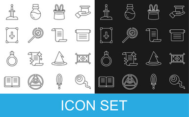 Poster - Set line Eye, Magic carpet, Ancient magic book, Magician hat and rabbit ears, wand, Sword in the stone and icon. Vector