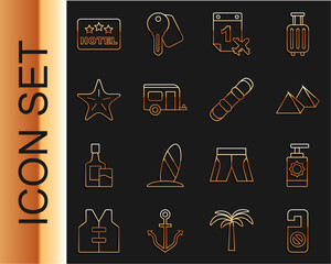 Poster - Set line Please do not disturb, Sunscreen spray bottle, Egypt pyramids, Calendar and airplane, Rv Camping trailer, Starfish, Signboard with text Hotel and Snowboard icon. Vector