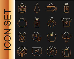 Wall Mural - Set line Bell pepper, Broccoli, Vegan shirt, Organic cosmetic, Tomato, and Garlic icon. Vector