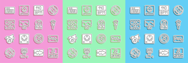 Poster - Set line Music player, wave equalizer, Microphone, Bitrate, synthesizer and note, tone icon. Vector