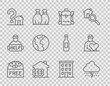 Set line Donation food, Cloud with rain, Hiking backpack, House dollar, question mark, Global economic crisis, Multi storey building and Volunteer icon. Vector