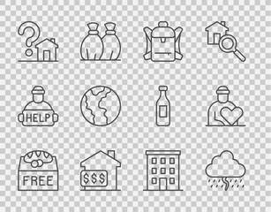 Wall Mural - Set line Donation food, Cloud with rain, Hiking backpack, House dollar, question mark, Global economic crisis, Multi storey building and Volunteer icon. Vector