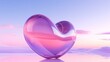  a pink heart shaped object sitting on top of a reflective surface in front of a blue and pink sky with clouds.